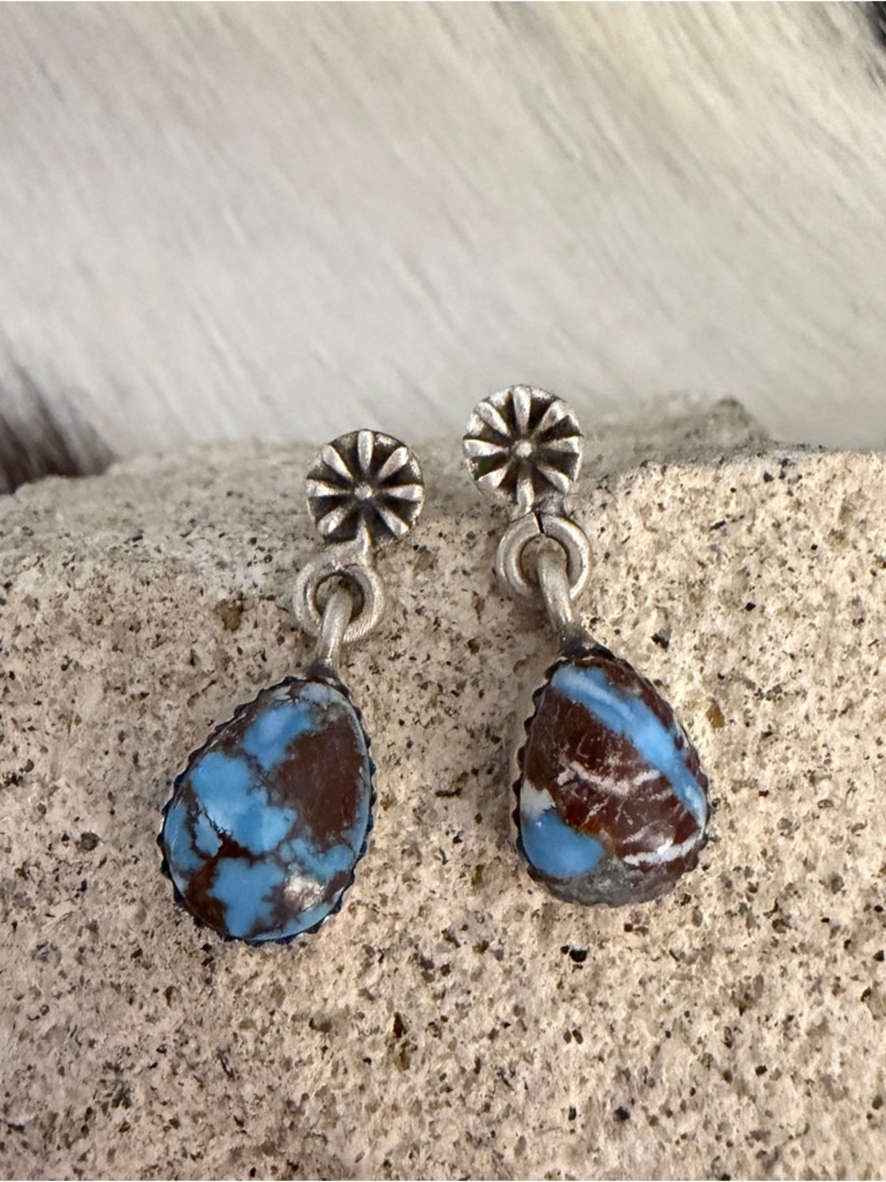 ❤️Golden Hills Turquoise Navajo Style Concho Matte Sterling Stud Dangle Earrings